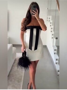 Zara Strapless White Mini Dress with Black Bow
